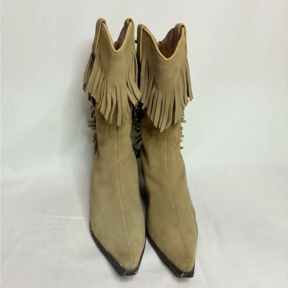 Vintage Suede Fringe Western Bohemian Cowboy Boots - Picture 3 of 12